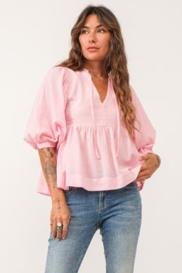 V NECK 3/4 SLEEVE PEPLUM TOP - PINK SORBET