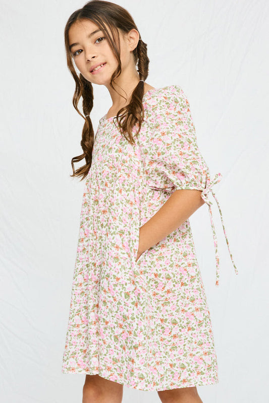 GIRLS TIE SLEEVE SQUARE NECK FLORAL TUNIC DRESS - PINK