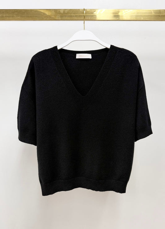 V-NECK 3/4 SLEEVE KNIT TOP - BLACK
