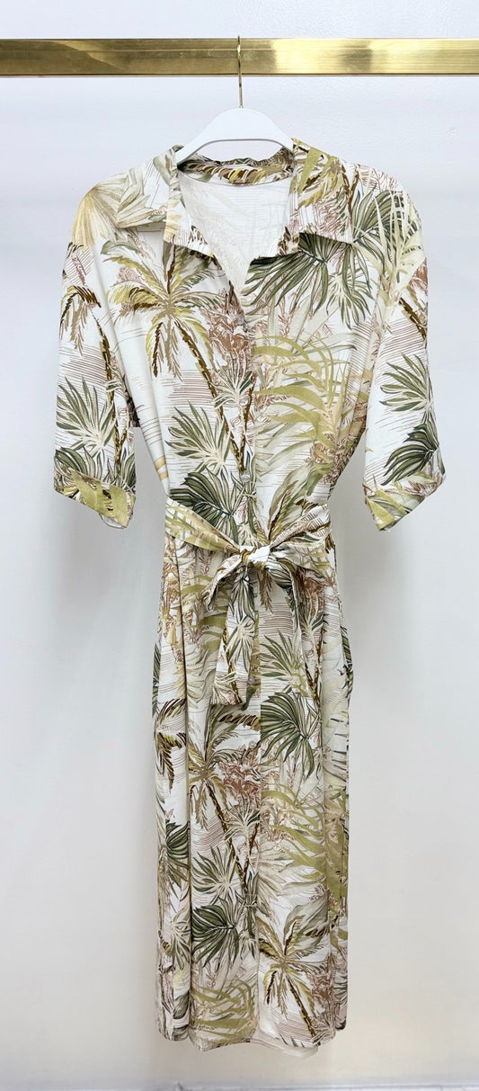 FAN PALM PRINT BUTTON DOWN DRESS WITH TIE BELT - GREEN