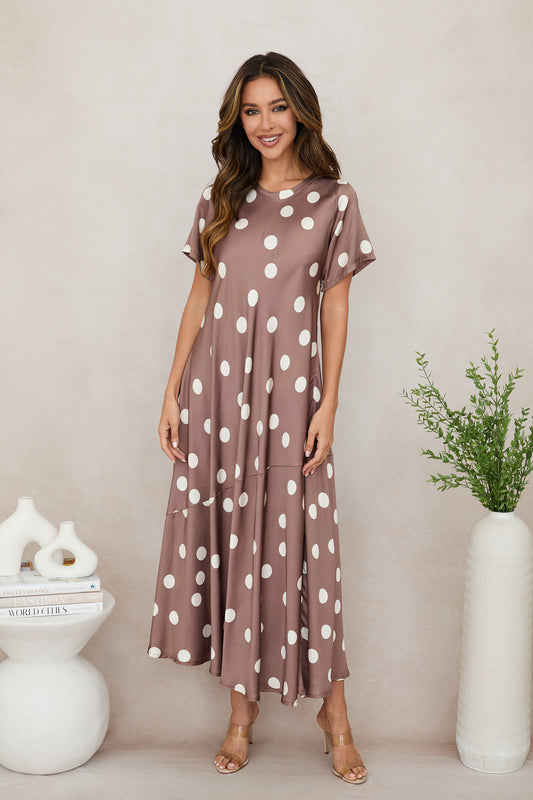 POLKA-DOT CAP SLEEVE TIER SEAM MIDI DRESS - MOCHA/CREAM