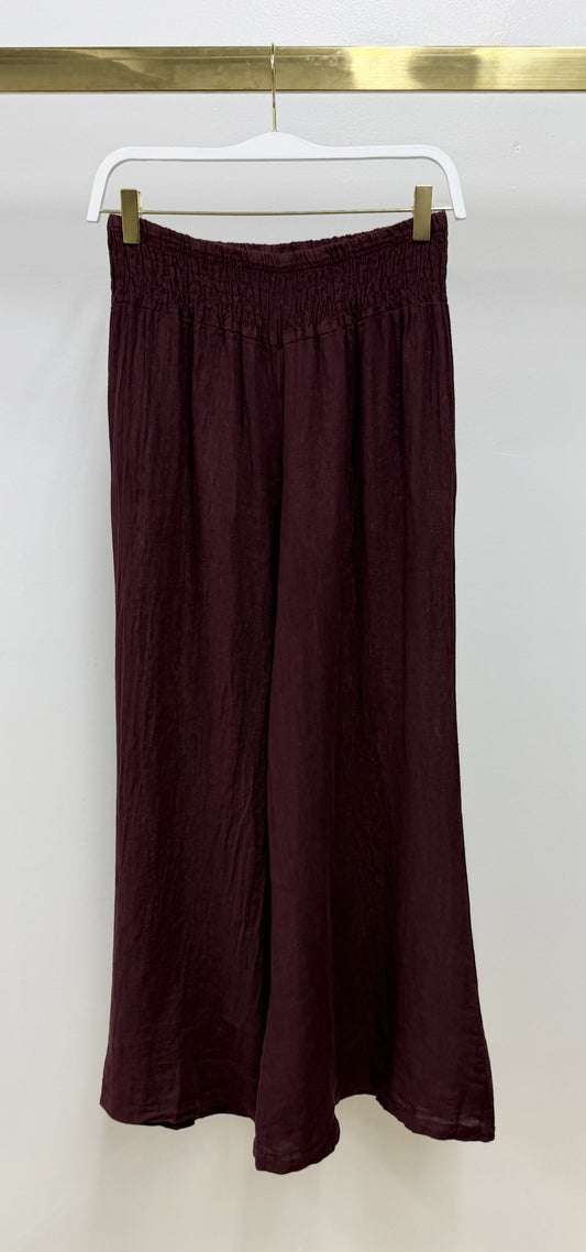 LINEN SMOCKED WAIST PALAZZO PANT - WINE