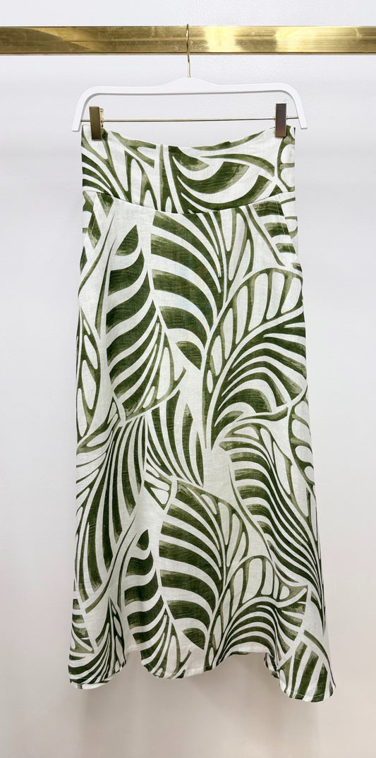 CALATHEA PRINT ELASTIC BACK WAISTBAND SKIRT WITH POCKETS - GREEN
