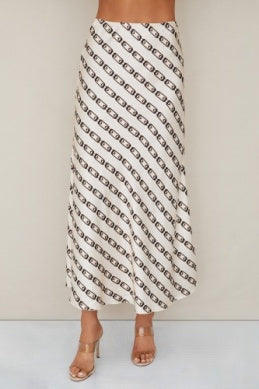 CHAIN LINK PRINT SILKY MAXI SKIRT  - IVORY