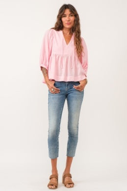 V NECK 3/4 SLEEVE PEPLUM TOP - PINK SORBET