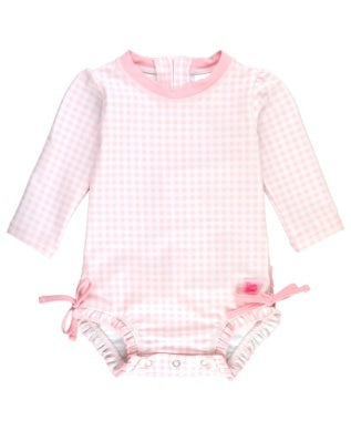 LONG SLEEVE ONE PIECE RASH GUARD - PINK GINGHAM