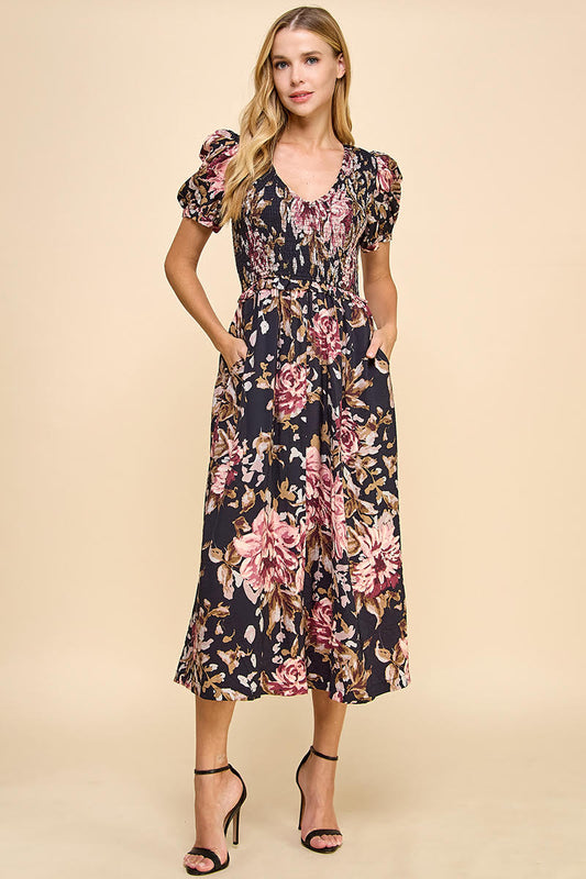 V NECK FLORAL DRESS - BLACK