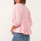 V NECK 3/4 SLEEVE PEPLUM TOP - PINK SORBET