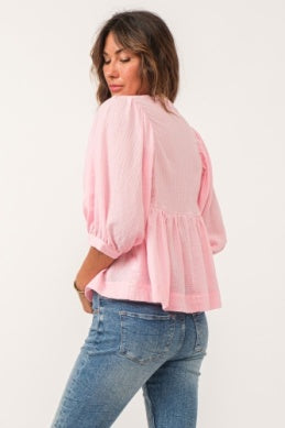 V NECK 3/4 SLEEVE PEPLUM TOP - PINK SORBET