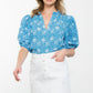 PUFF SLEEVED TEXTURED PRINT TOP - BLUE