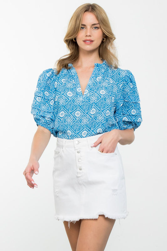 PUFF SLEEVED TEXTURED PRINT TOP - BLUE