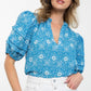 PUFF SLEEVED TEXTURED PRINT TOP - BLUE