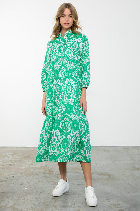 LONG SLEEVE PRINT MAXI DRESS - GREEN