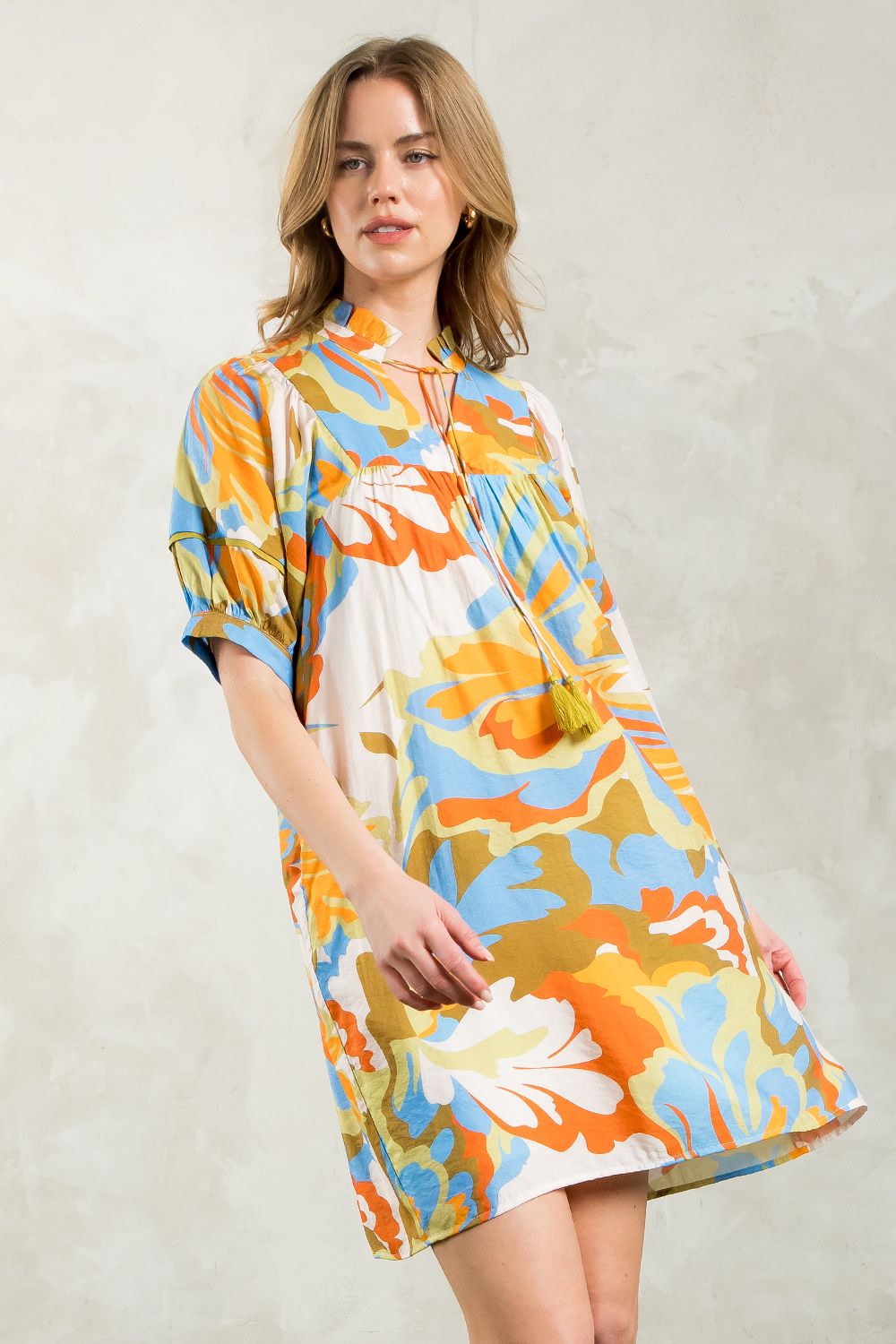 PUFF SLEEVE MULTI COLOR MIDI DRESS - CREAM