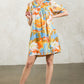 PUFF SLEEVE MULTI COLOR MIDI DRESS - CREAM