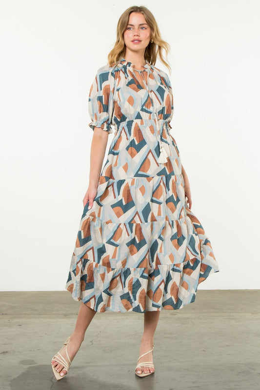 SMOCKED WAIST PRINT MAXI DRESS - BLUE