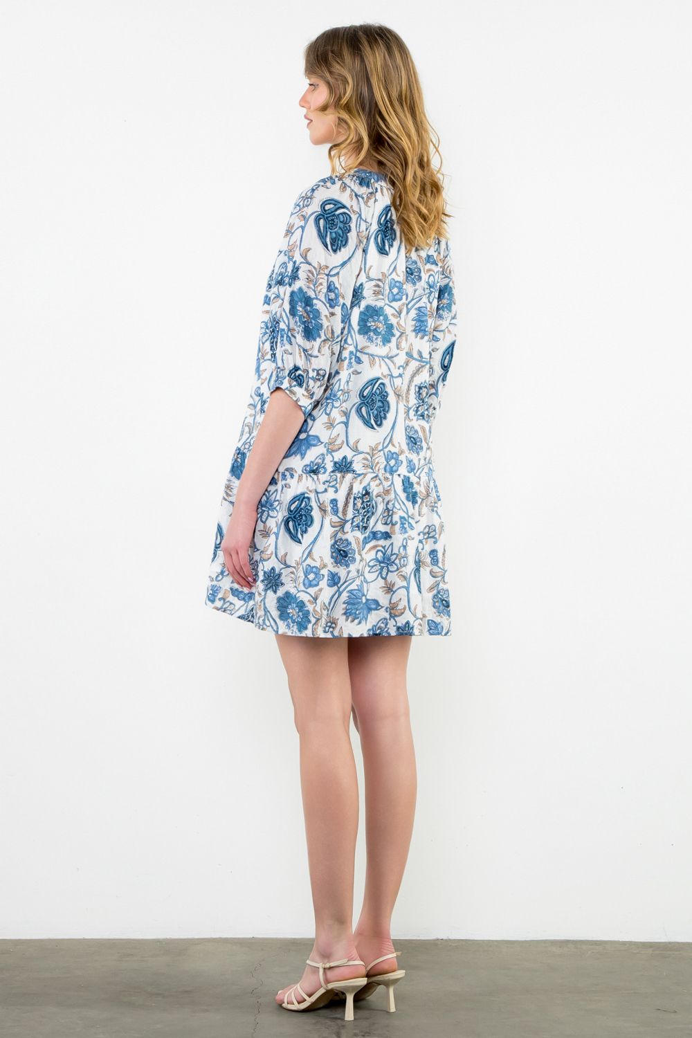 MID SLEEVE FLORAL PRINT DRESS - BLUE