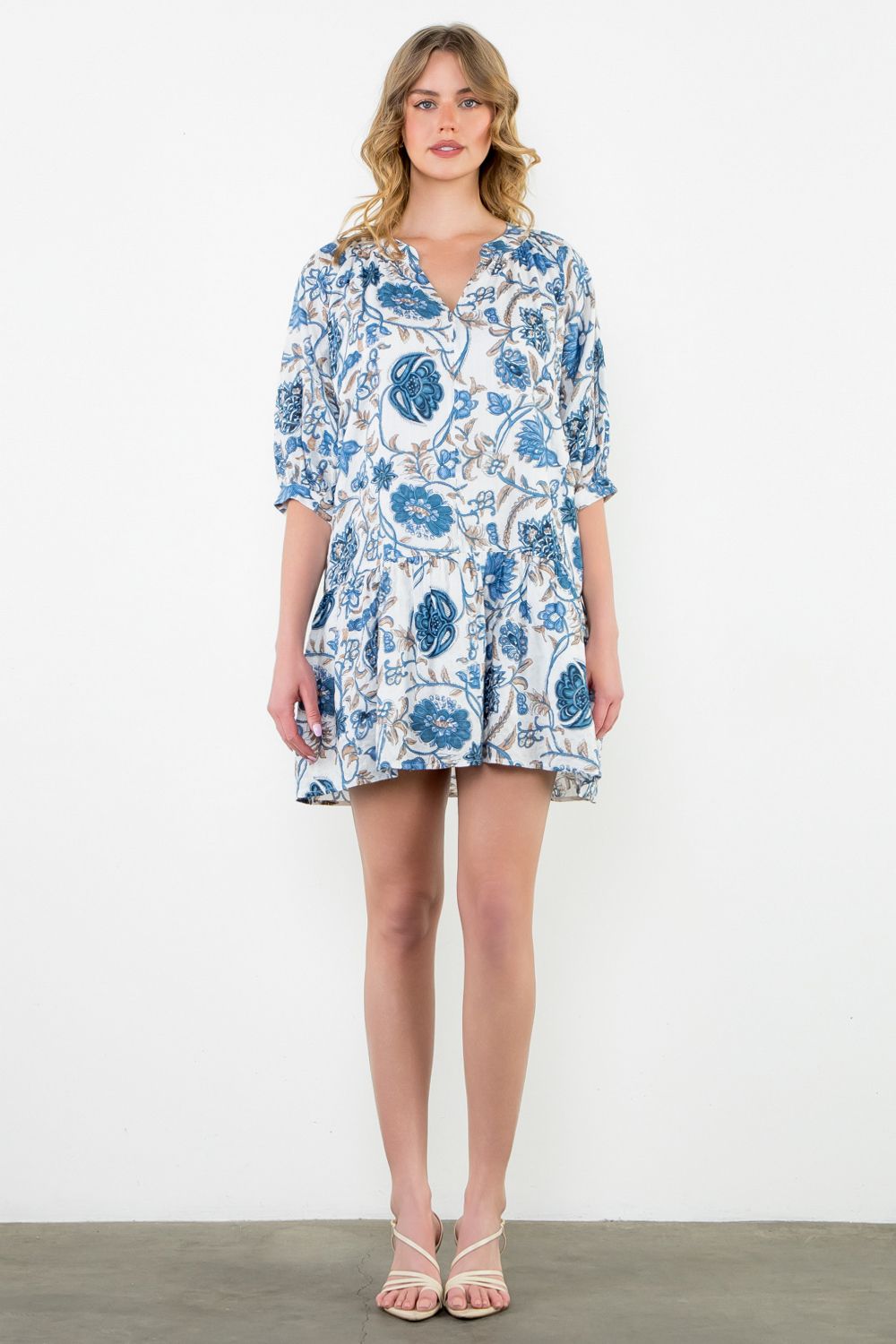 MID SLEEVE FLORAL PRINT DRESS - BLUE
