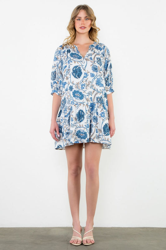 MID SLEEVE FLORAL PRINT DRESS - BLUE