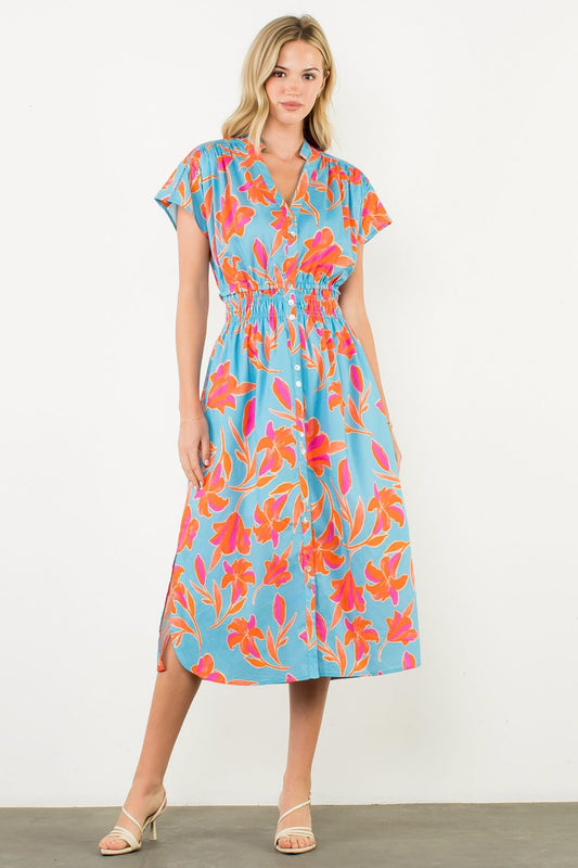 SMOCKED WAIST BUTTON DOWN FLORAL DRESS - LIGHT BLUE