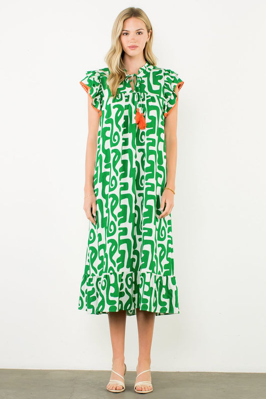 TASSEL TIE FLUTTER SLEEVE MAXI DRESS - GREEN