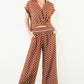 SHORT SLEEVE POLKA DOT V-NECK TOP - BROWN