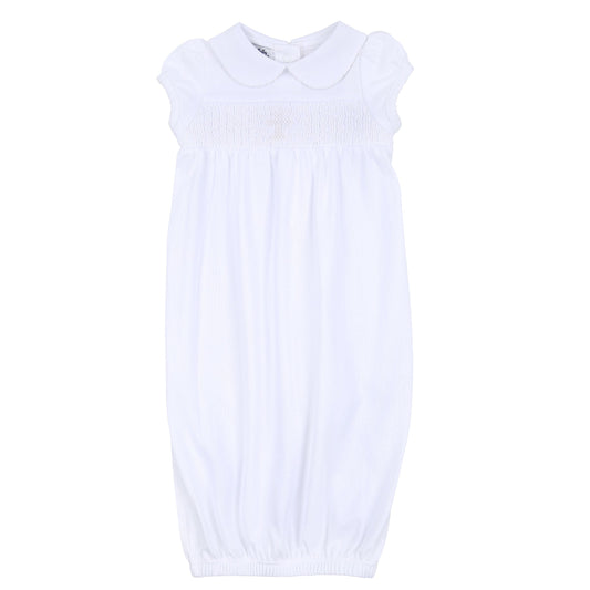 BLESSED SMOCKED COLLARED S/S GATHER GOWN - WHITE