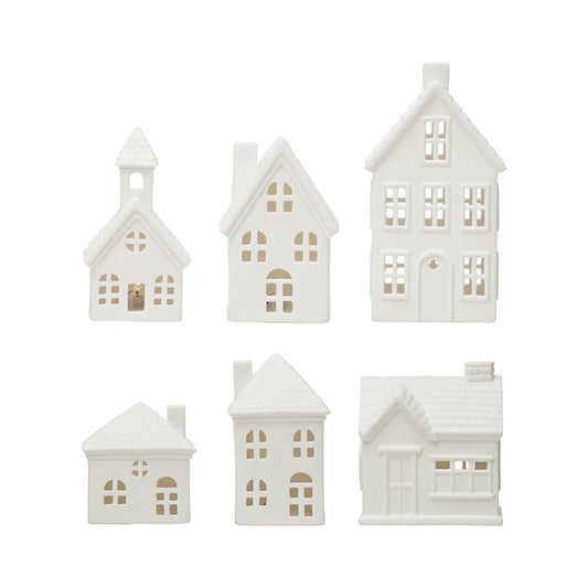 STONEWARE BISQUE HOUSES WITH LED LIGHTS - ASSORTED SIZES