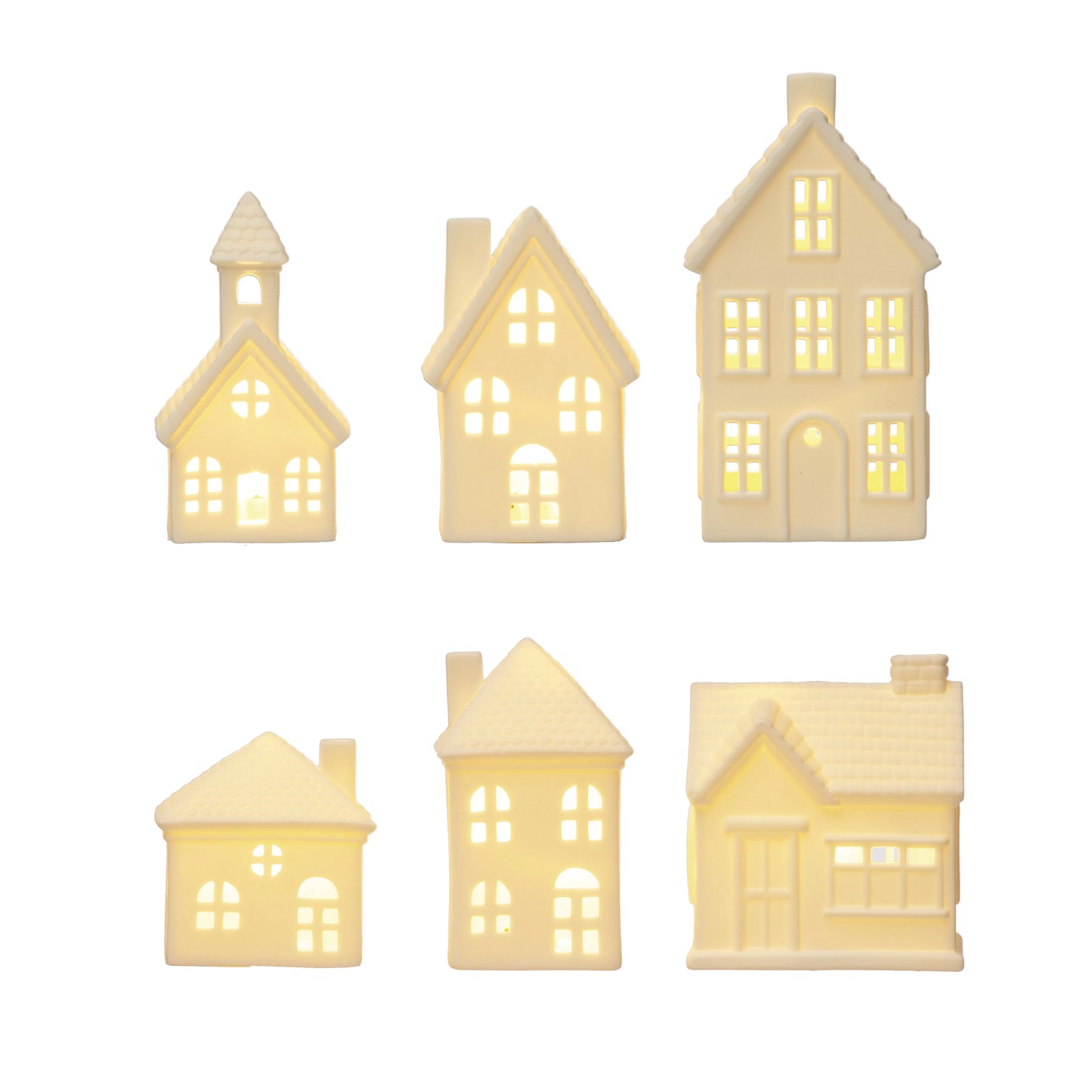 STONEWARE BISQUE HOUSES WITH LED LIGHTS - ASSORTED SIZES