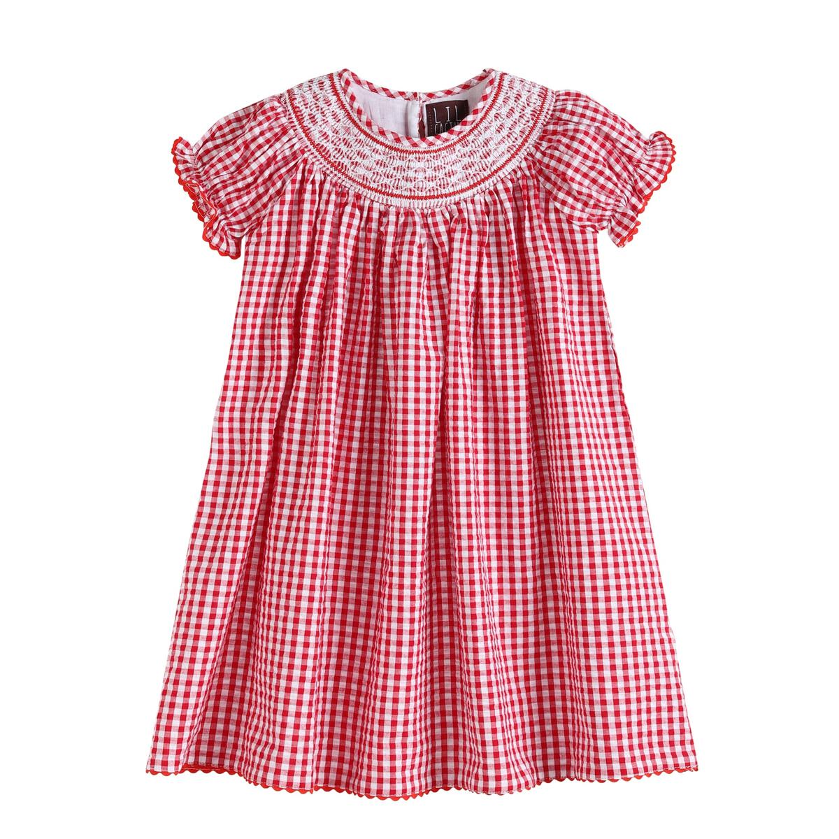 RED GINGHAM SMOCKED BISHOP DRESS
