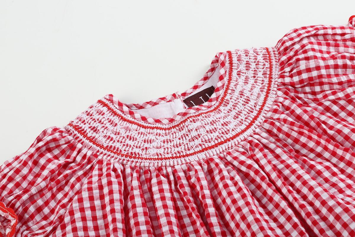 RED GINGHAM SMOCKED BISHOP DRESS