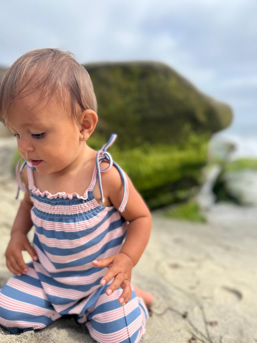 VICTORIA ROMPER - BLUE RIB STRIPE