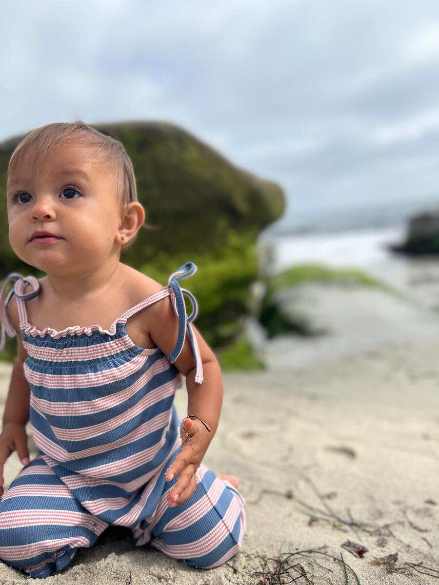 VICTORIA ROMPER - BLUE RIB STRIPE