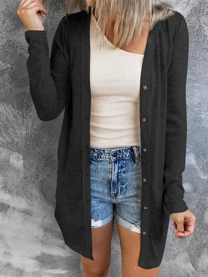 OPEN-FRONT BUTTONED CARDIGAN - BLACK