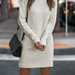 KNIT LONG SLEEVE TURTLENECK SWEATER DRESS - BEIGE