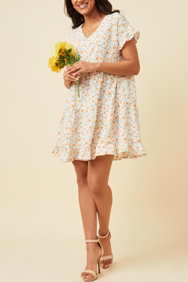 WOMENS V-NECK RUFFLE SHORT SLEEVE TIERED FLORAL DRESS - OFF WHITE