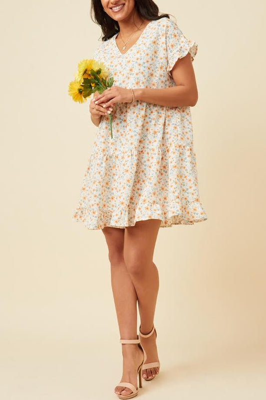 WOMENS V-NECK RUFFLE SHORT SLEEVE TIERED FLORAL DRESS - OFF WHITE