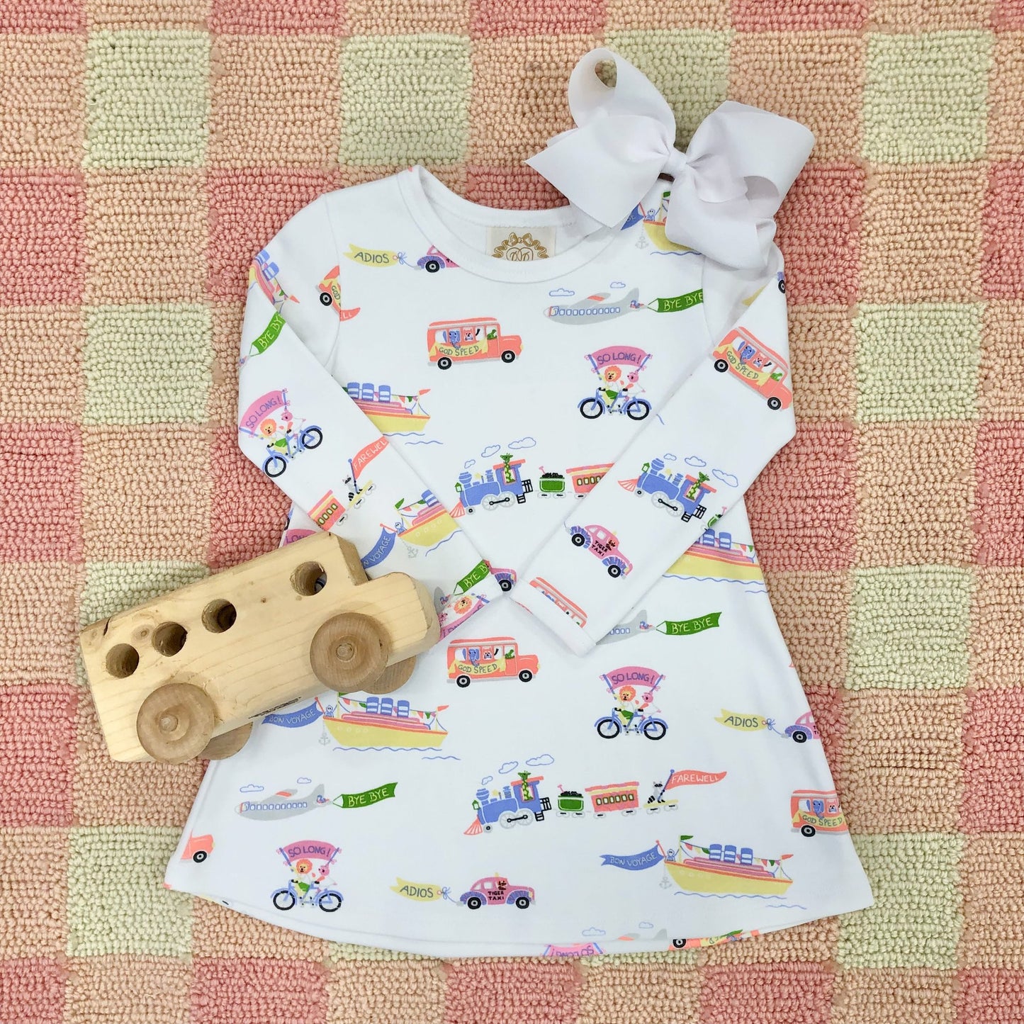 LONG SLEEVE POLLY PLAY DRESS - HAPPY TRAVELS