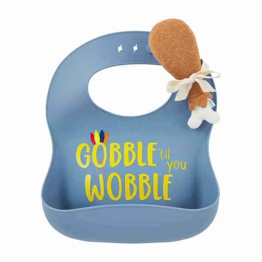 BLUE THANKSGIVING BIB AND RATTLE SET