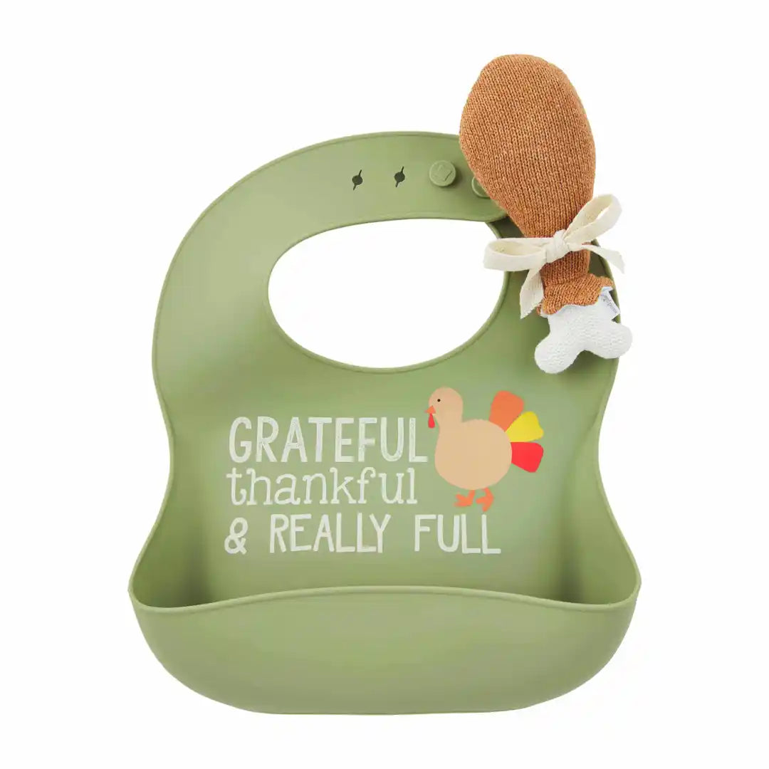 GREEN THANKSGIVING BIB AND RATTLE SET