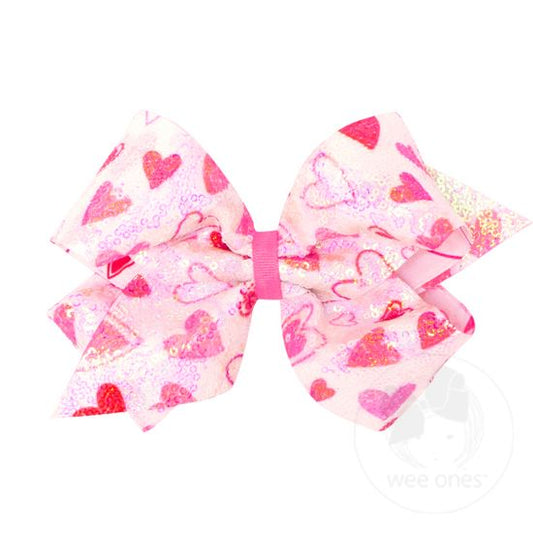 KING WHITE SEQUINED HEART PRINT GRILS HAIR BOW