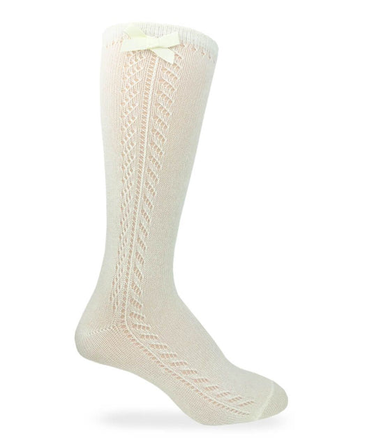JEFFERIES SOCKS POINTELLE BOW KNEE HIGH SOCKS - IVORY