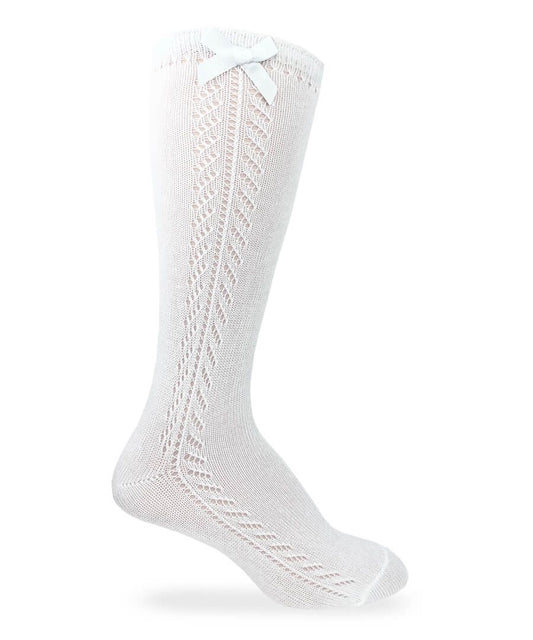 JEFFERIES SOCKS POINTELLE BOW KNEE HIGH SOCKS - WHITE