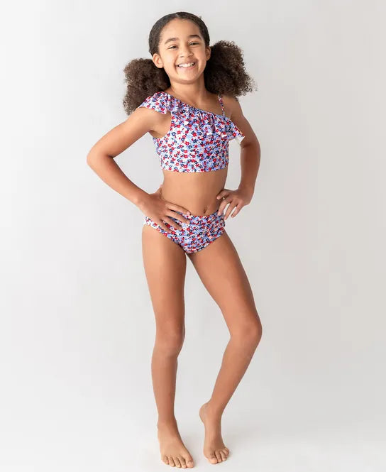 TWEEN ONE SHOULDER RUFFLE TANKINI - RED WHITE AND BLOOM