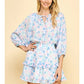 WATERCOLOR PRINT 3/4 SLV MINI DRESS - BLUE MULTI