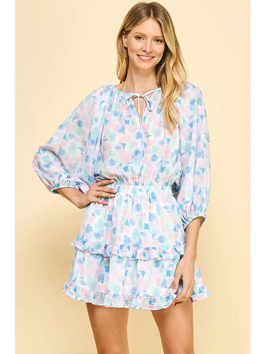 WATERCOLOR PRINT 3/4 SLV MINI DRESS - BLUE MULTI