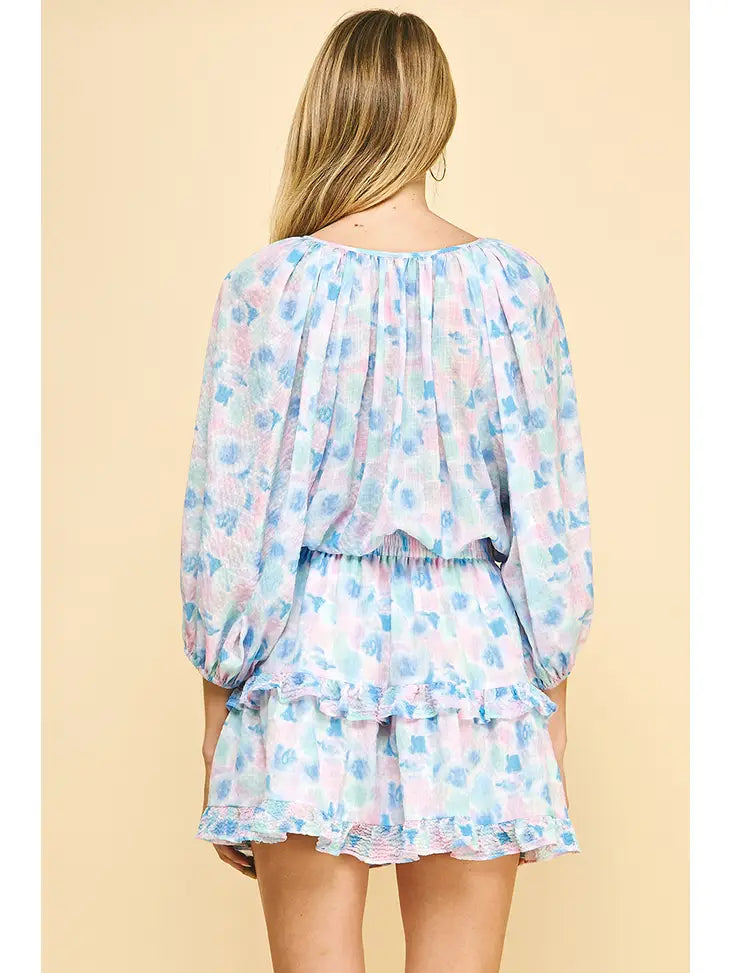 WATERCOLOR PRINT 3/4 SLV MINI DRESS - BLUE MULTI