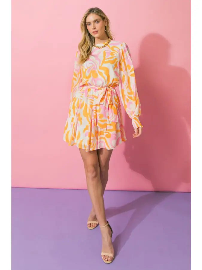 A PRINTED WOVEN MINI DRESS - IVORY YELLOW PINK