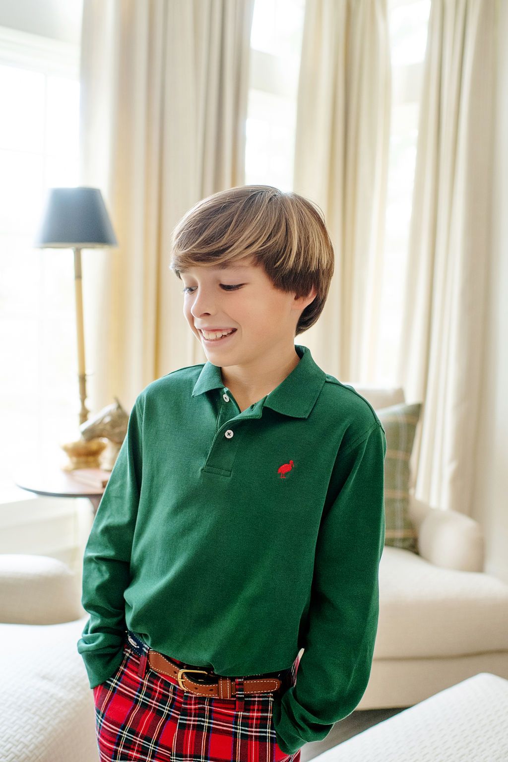 LONG SLEEVE PRIM & PROPER POLO - GRIER GREEN WITH RICHMOND RED STORK