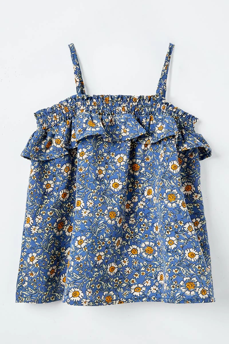 GIRLS SMOCKED FLORAL PRINT RUFFLE TOP - BLUE